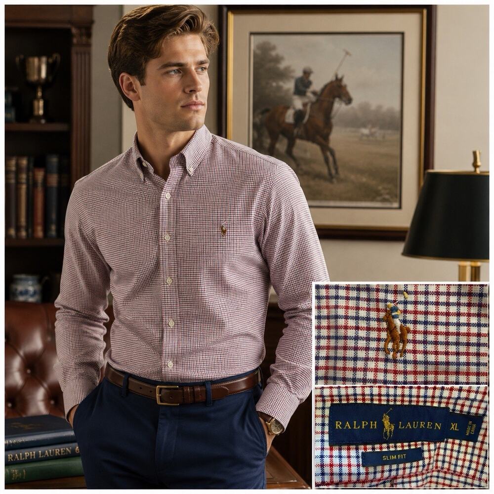 Ralph Lauren Red Blue Plaid Button Down Shirt Mens XL Long Sleeve Preppy Cotton